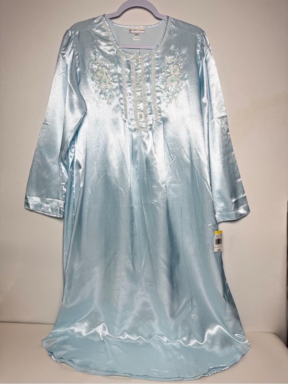Miss Elaine Blue Satin Floral Embroidered Long Sleeve Button Gown Women M/L